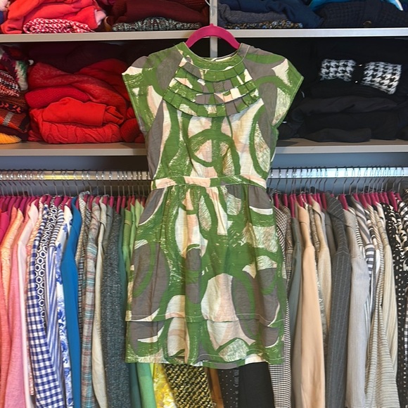 Tulle green/white abstract print sleeveless dress size S - Picture 1 of 3